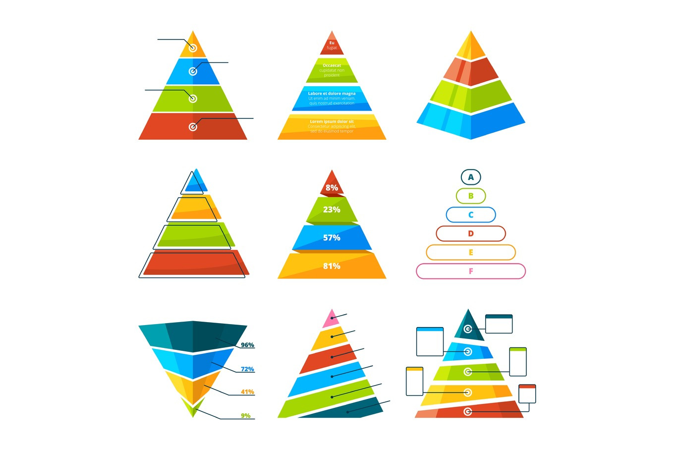 Set of different triangles and pyramids with levels. Vector symbols for ...