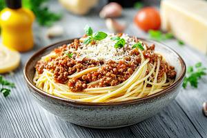 Spaghetti bolognese with ground beef in plate, a Food & Drink Photo by AlyaAnd