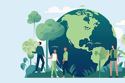 people with a globe, in the style of environmental awareness, flat illustration, an Education Illustration by José Manuel Gelpi