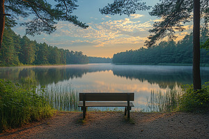 Bench in park with view on the lake in the morning, a Photo by AlyaAnd