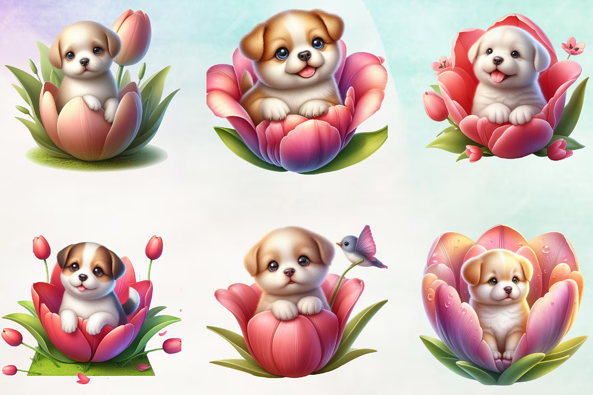 Cute Puppy On Flower Clipart Bundle, an Animal Illustration by Craft Nest (Photo 2 of 4)