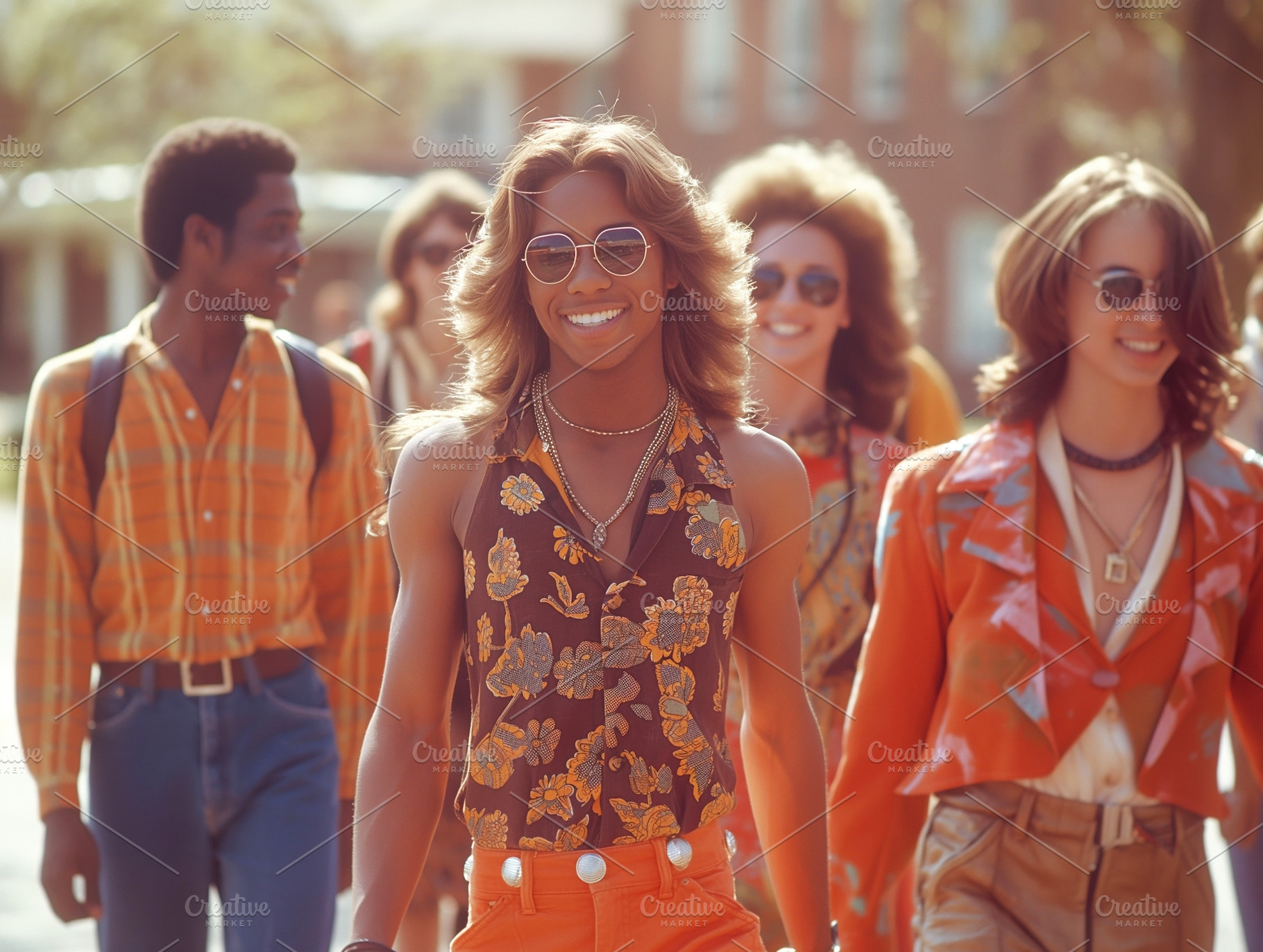 Group of stylish young adults walking confidently in vibrant 1970s-inspired out, a Person Photo by ImageMir
