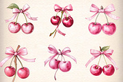 Watercolor Coquette Cherries Bow Cli, an Illustration by CreationArt (Thumbnail 3 of 5)