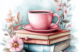 Pink teacup on stacked books with fl, a Food & Drink Photo by Pixeness Studio