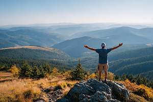 Standing on a mountaintop, a person enjoys fresh air and breathtaking views in, a Person Photo by AlyaAnd