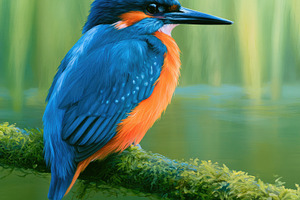 Common kingfisher perched on mossy branch watercolor illustratio