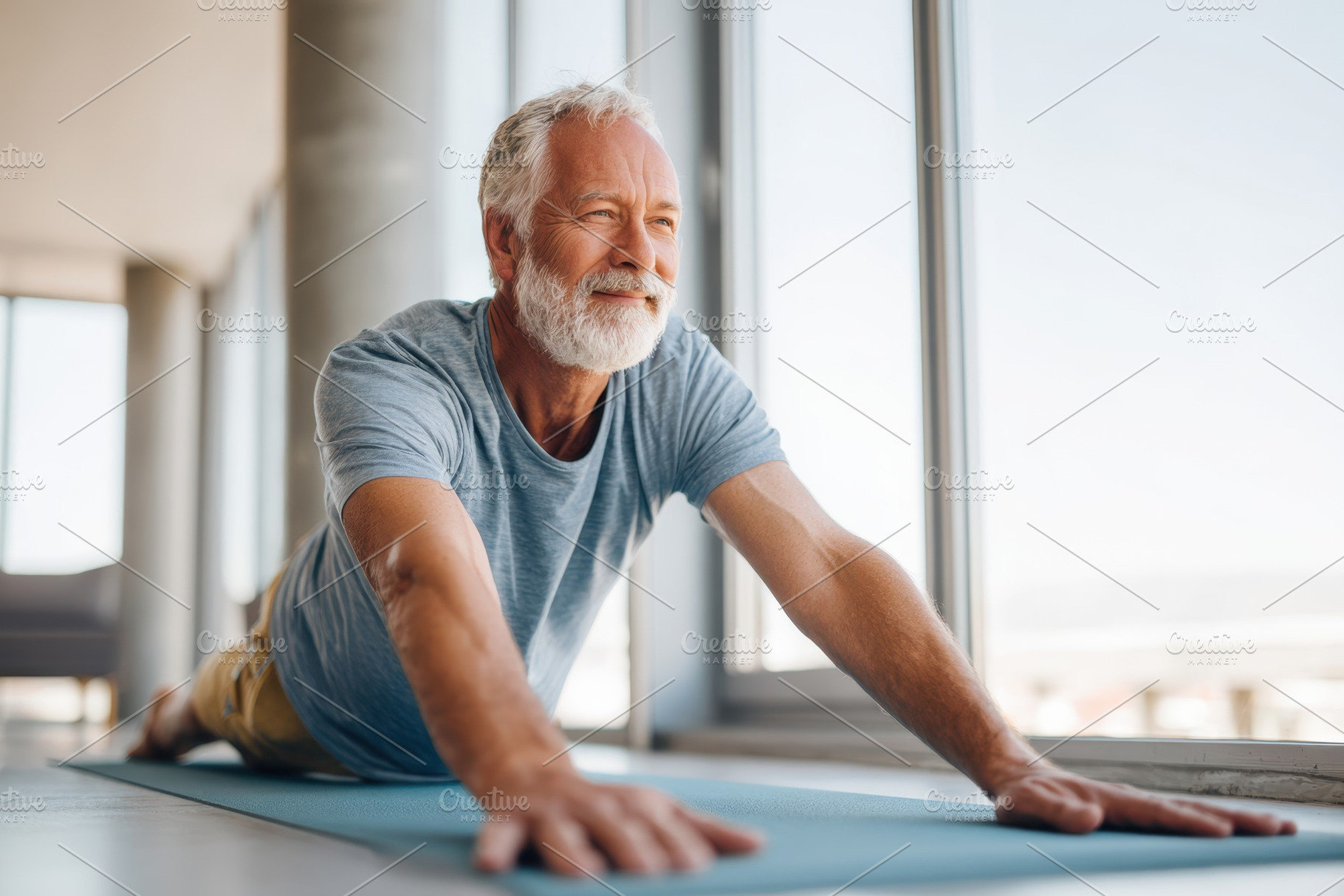 Elderly man practicing yoga in a bright room, a Person Photo by AlyaAnd