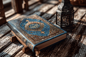 Holy Quran on wooden stand with lant, a Background Photo by shahsoft