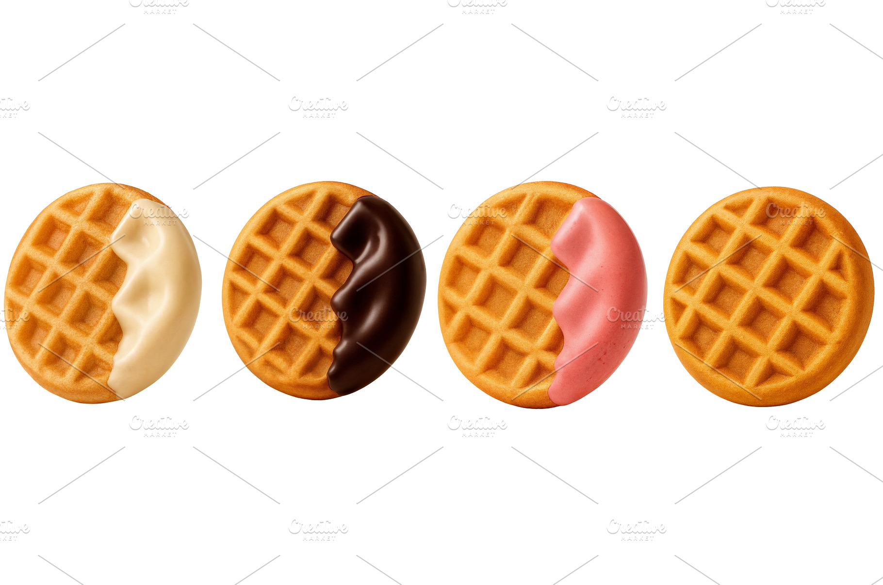 Four mini waffles partially coated, a Food & Drink Photo by Sergey Kotenev
