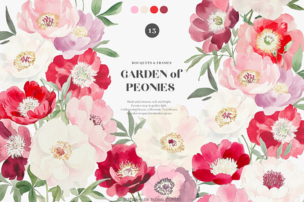 watercolor vintage peony clipart set, a Decorative Illustration by Patishop Art