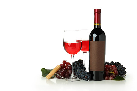 Glasses and bottle of wine, grape and corkscrew isolated on whit