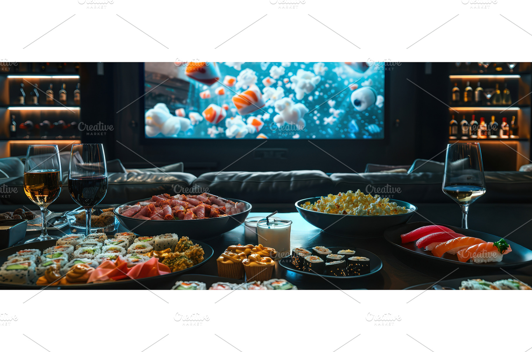 Luxury home cinema with sushi and, a Food & Drink Photo by piter.goskov