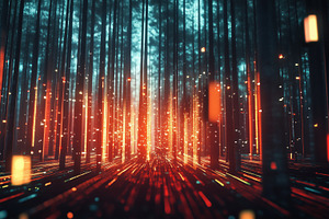 A surreal digital forest scene with glowing vertical lines and particles, creat, a Photo by Textures & Backgrounds
