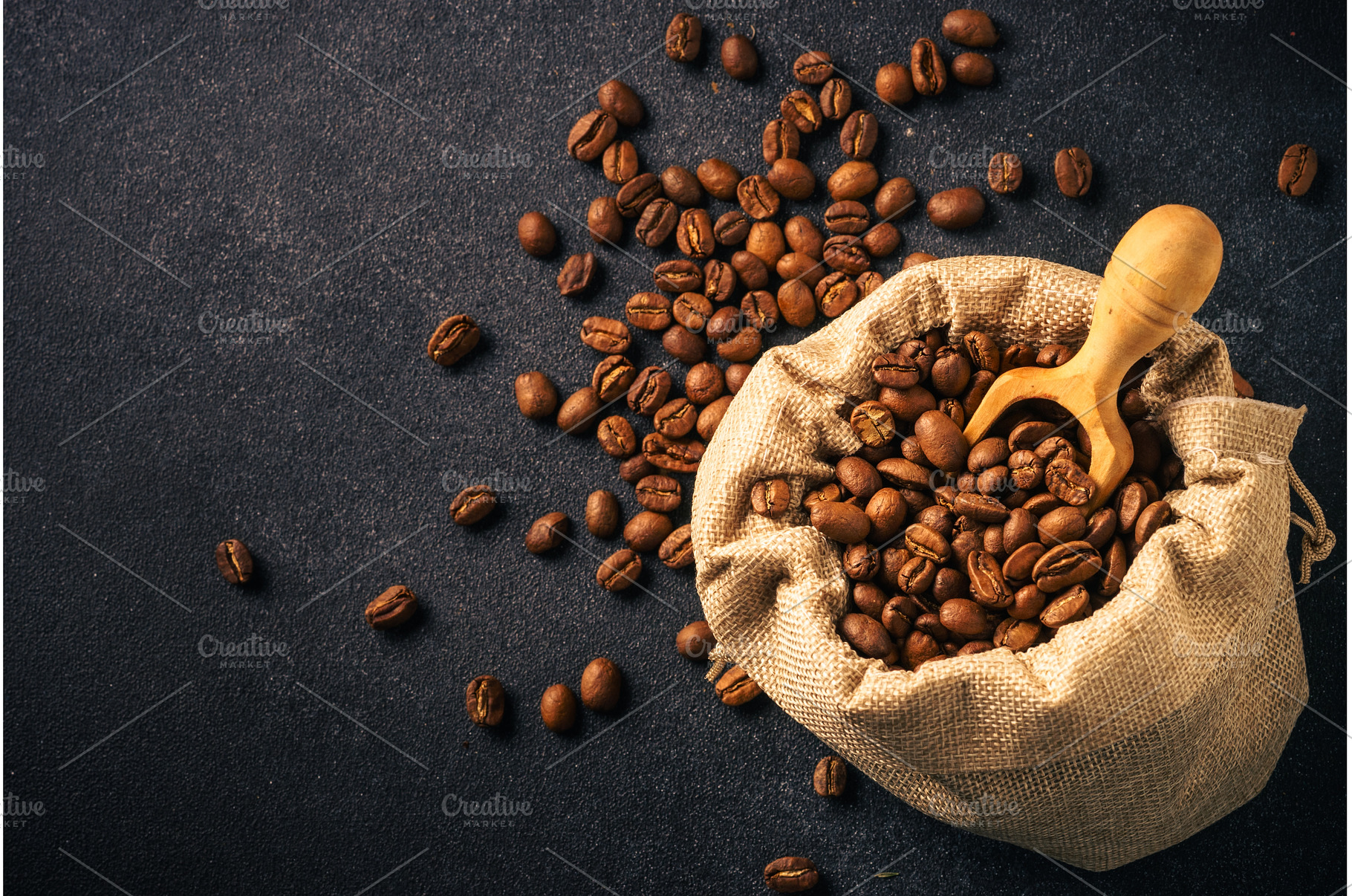 Roasted coffee beans in burlap bag., a Food & Drink Photo by Nadia-nb