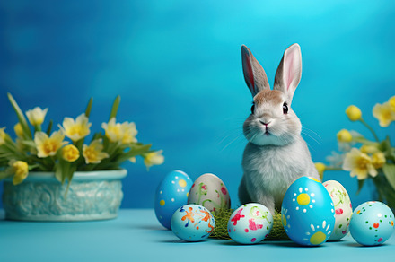 Cute bunny with easter eggs on blue background, a Holiday Photo by AlyaAnd