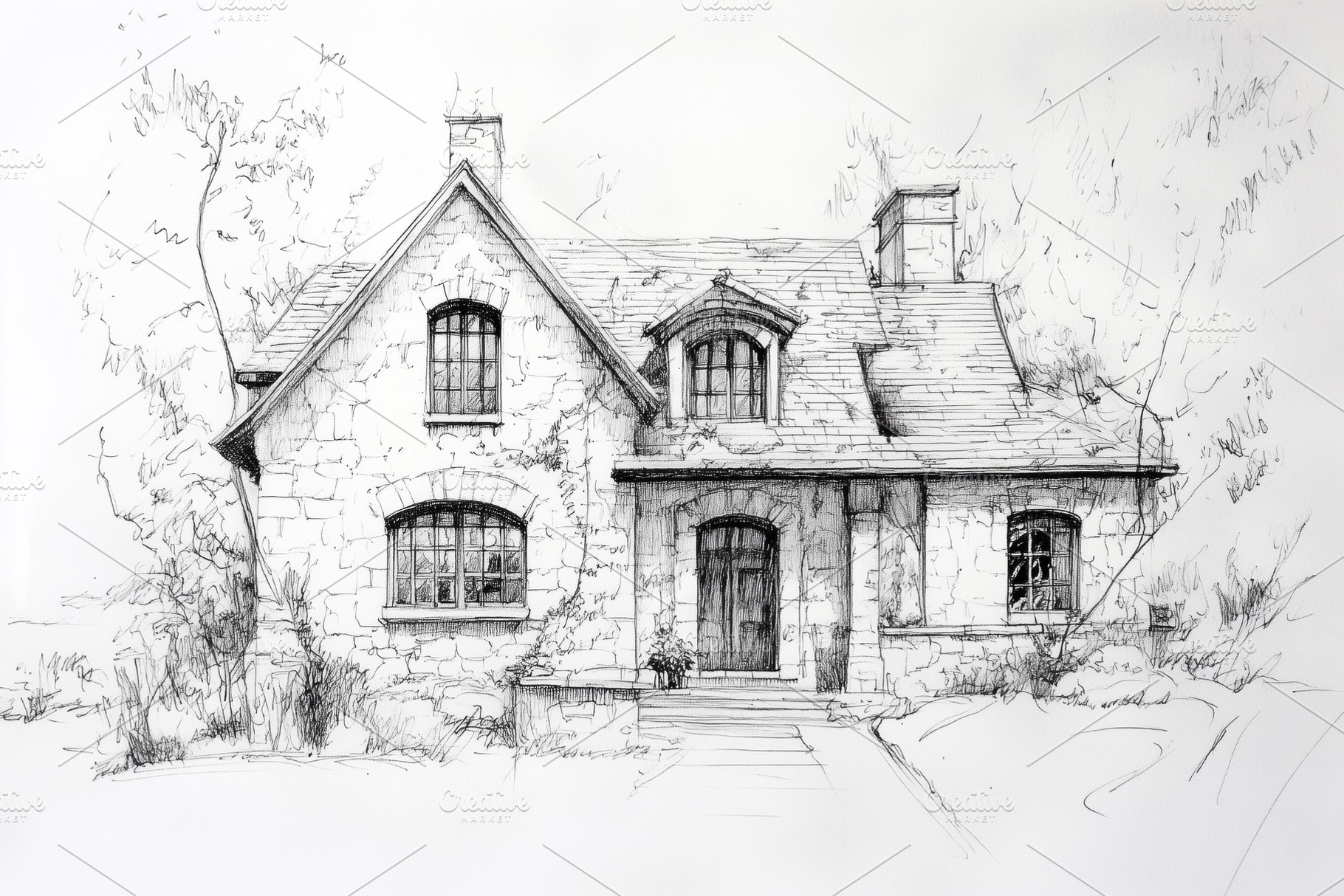 A detailed sketch of a charming stone Country French house style with a sloped, an Architecture Photo by Textures & Backgrounds