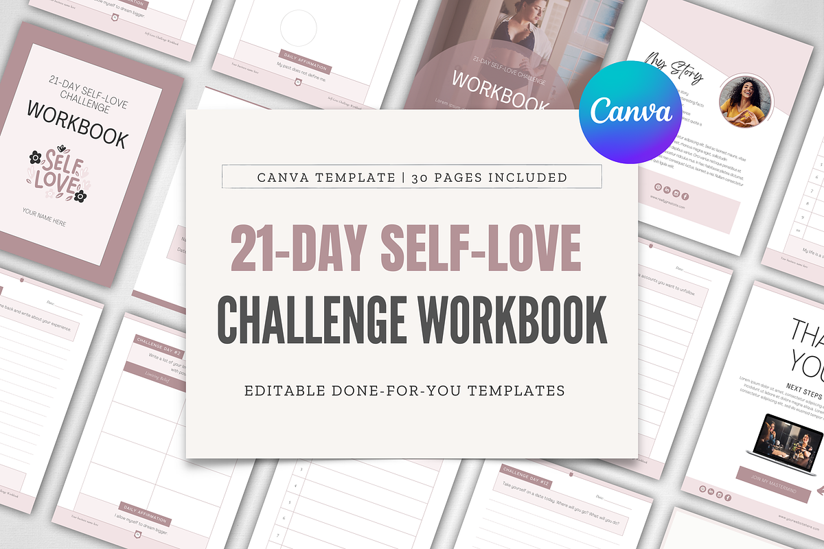 Self-Love Challenge Workbook | Canva, a Magazine Template by Designs by Darowan (Photo 1 of 10)