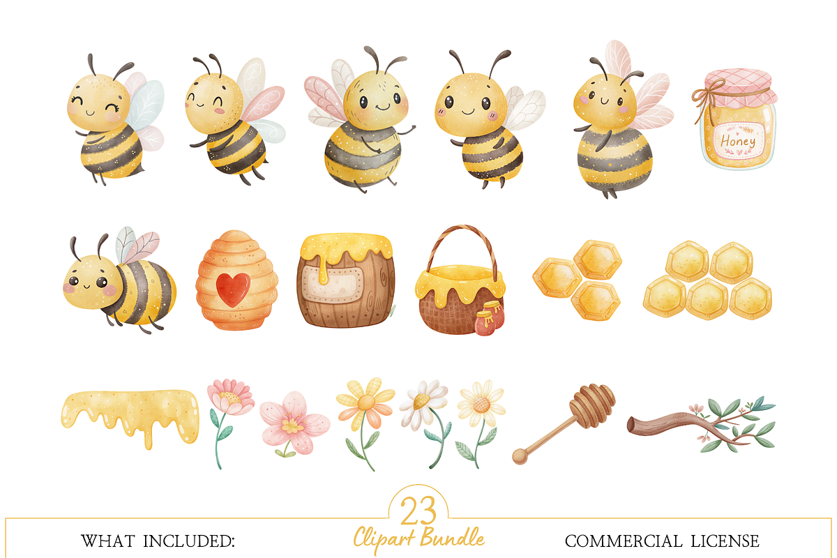 Cute Little Bees Watercolor Clipart, an Illustration by MockupWizard (Photo 2 of 4)