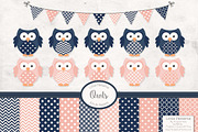 Navy & Blush Vector Owls & Papers, an Animal Illustration by Amanda Ilkov (Thumbnail 1 of 3)