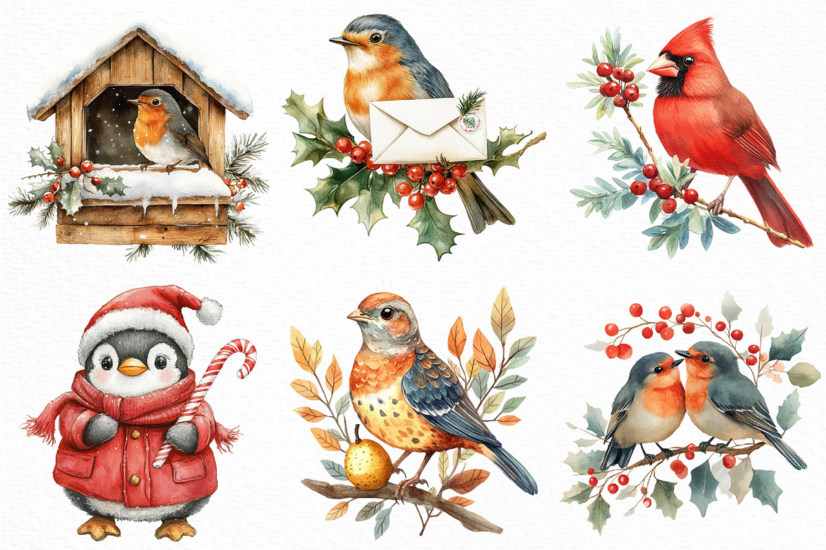 Watercolor Christmas Birds Clipart, an Illustration by Craft Nest (Photo 2 of 6)