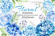 Blue Floral Watercolor Elements, a Decorative Illustration by STASIstudio (Thumbnail 1 of 3)