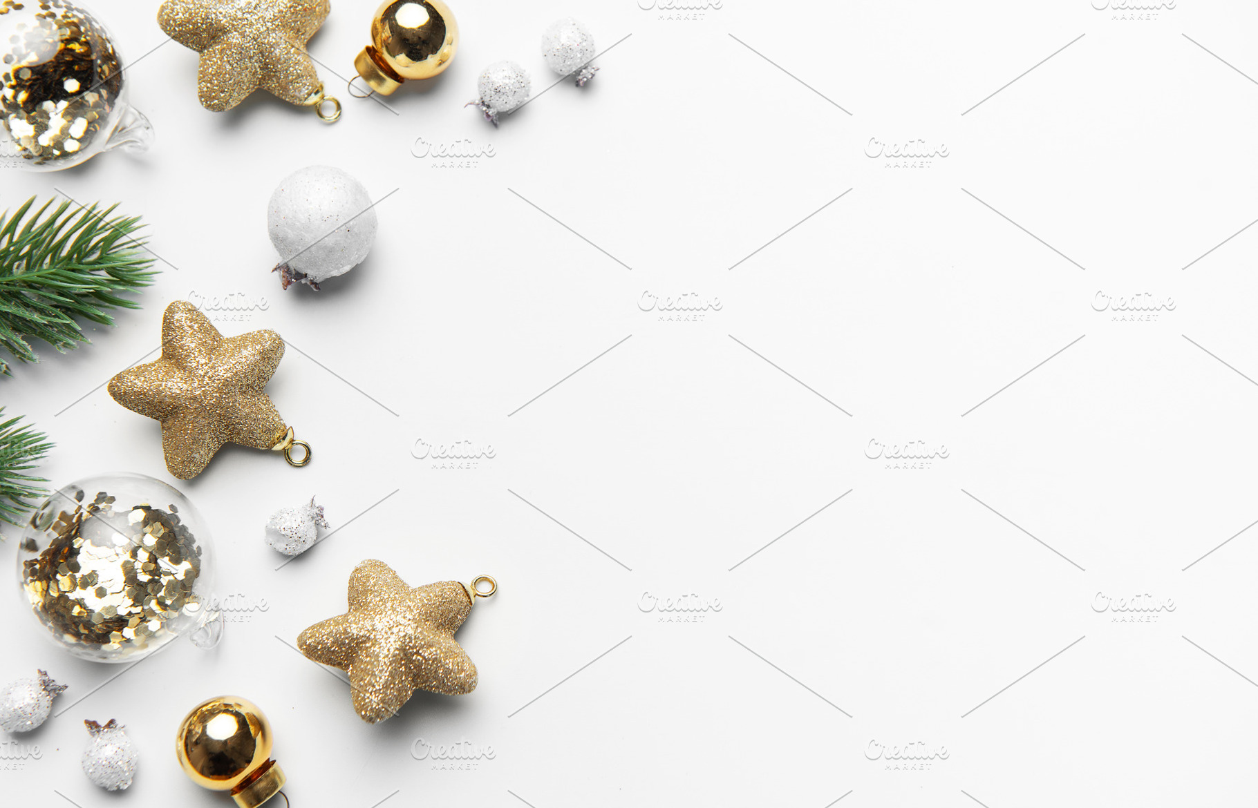 Christmas holiday decorations on white background flat lay, a Holiday Photo by Olena Rudo