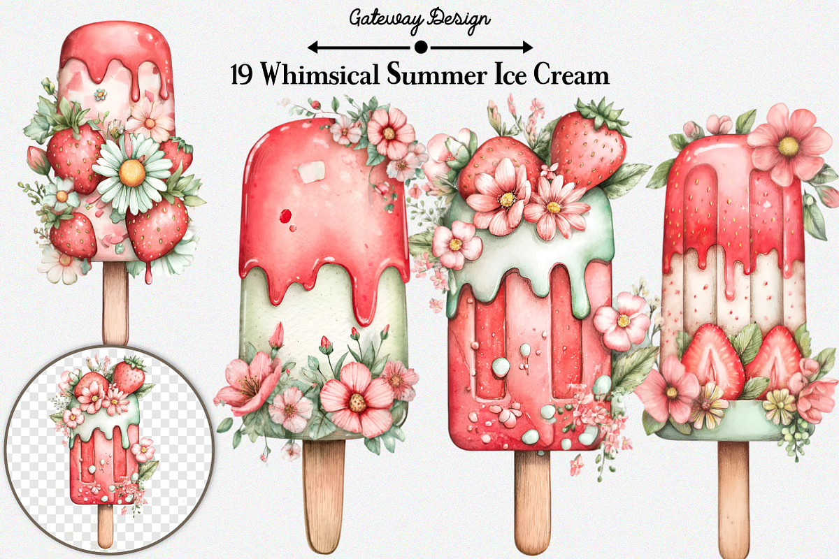 Whimsical Summer Ice Cream Clipart, an Illustration by GatewayDesign (Photo 1 of 3)
