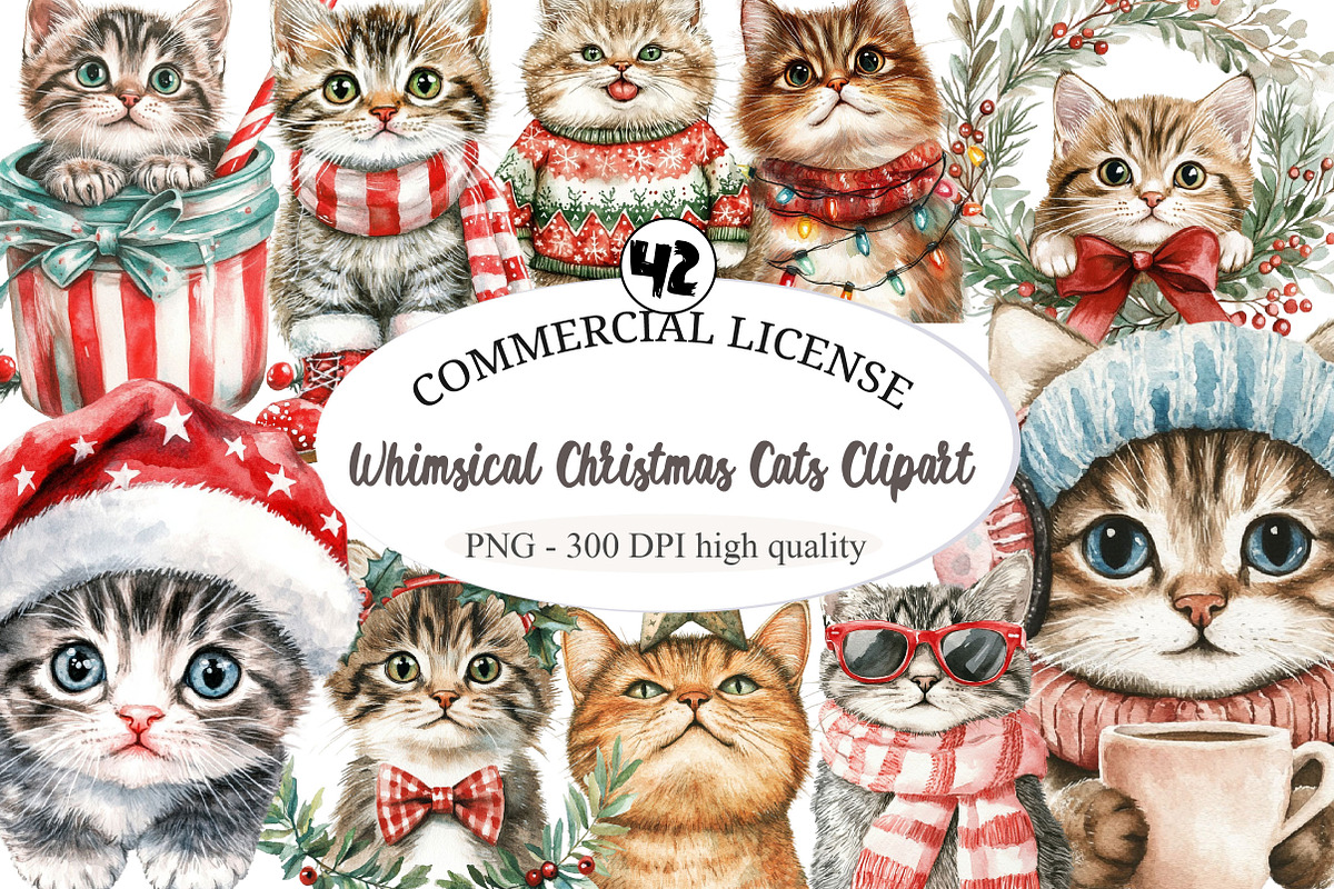Whimsical Christmas Cats Clipart, an Illustration by designcity5 (Photo 1 of 5)