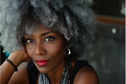 Vibrant Afro girl grey hair studio, a Person Photo by Ylivdesign