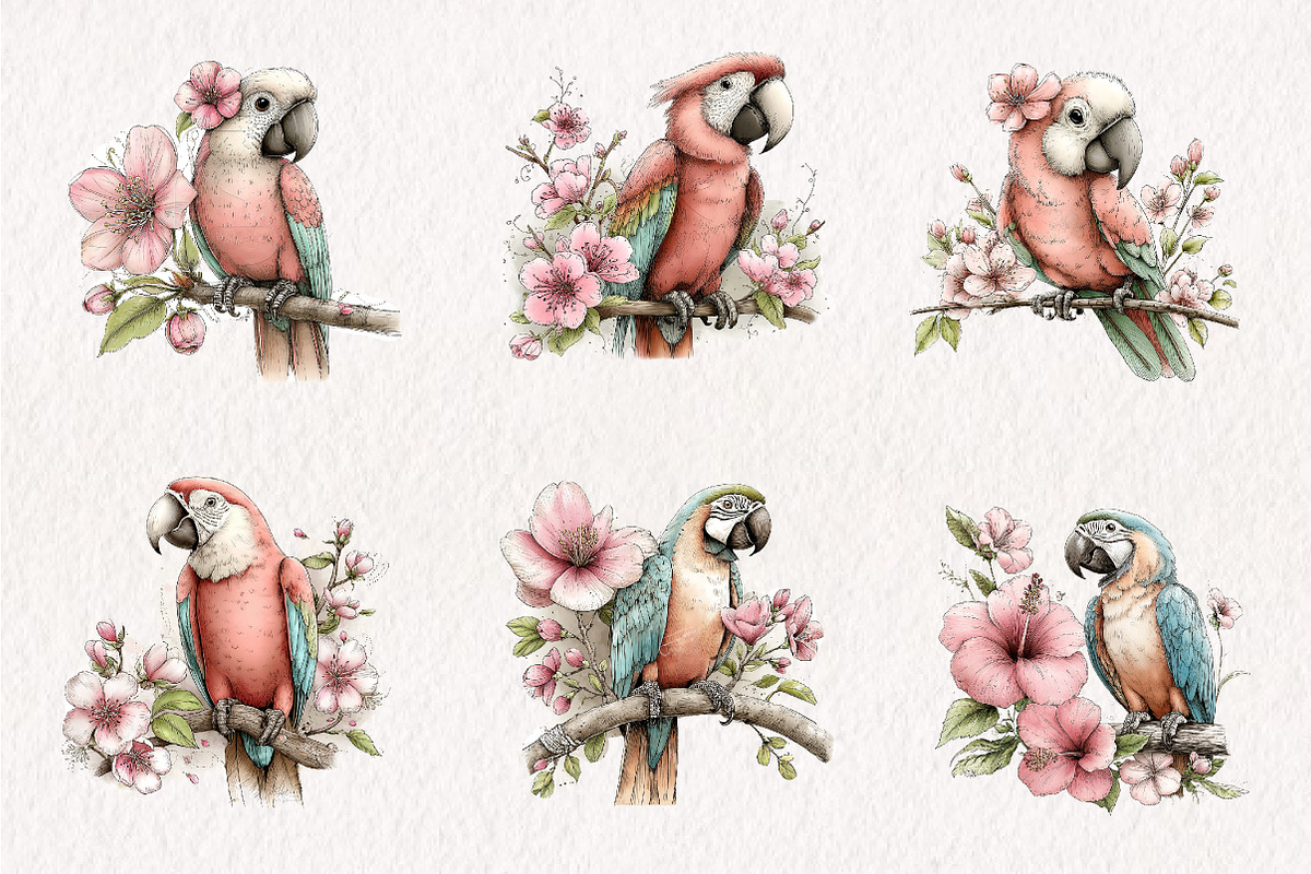 Whimsical Spring Macaws Clipart, an Illustration by CreationArt (Photo 5 of 7)