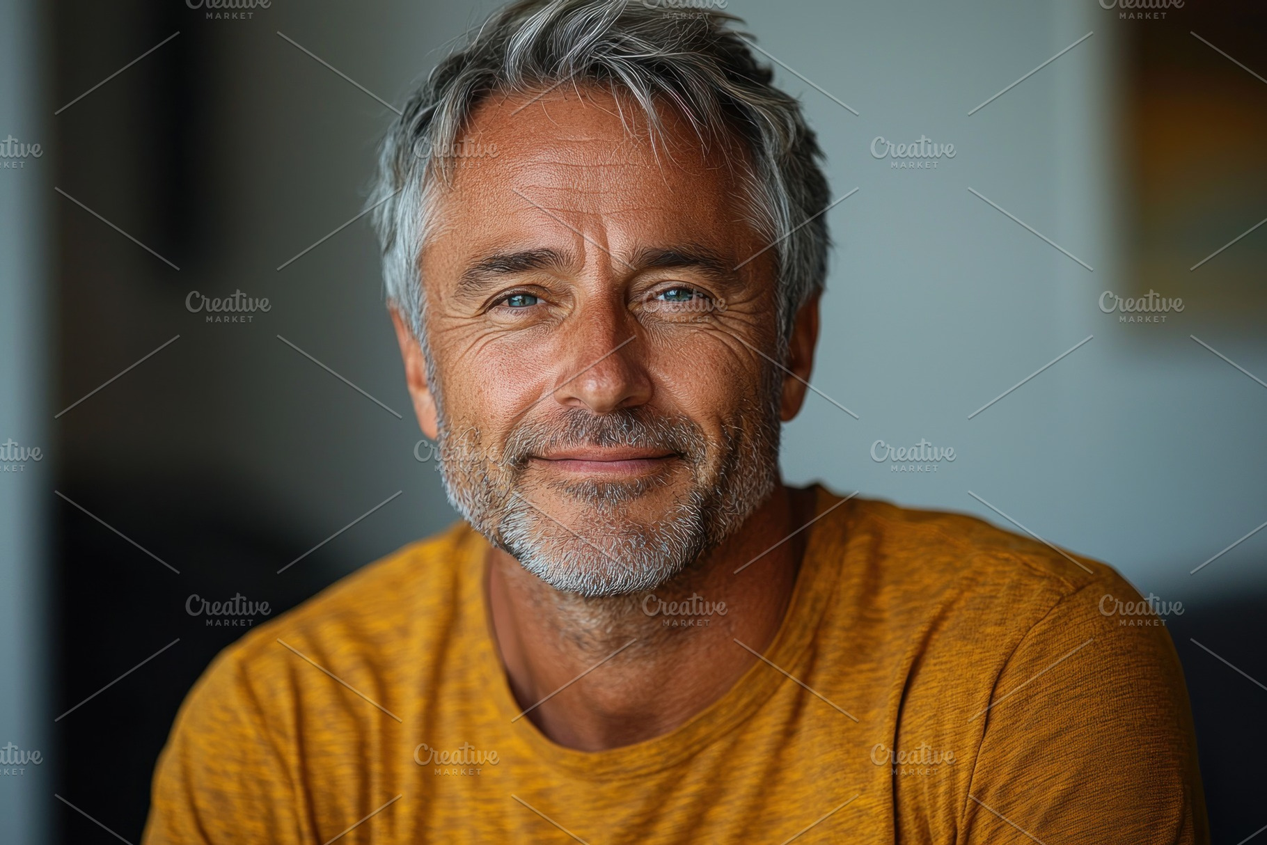 Smiling mature man with gray hair and beard wearing mustard yell, a Person Photo by José Manuel Gelpi