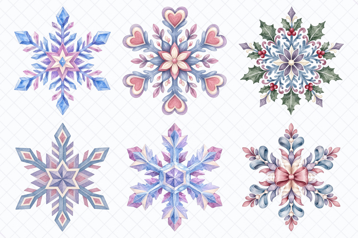 Watercolor Winter Snowflakes Clipart, a Seasonal Illustration by Whimsy Brush Studio (Photo 3 of 8)