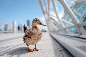 Duck on a walkway in an urban setting, an Animal Photo by AlyaAnd