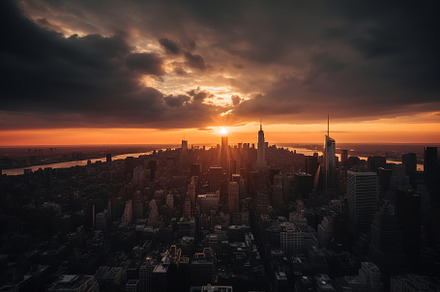 view of a city skyline at sunset, an Architecture Photo by Virgo Studio