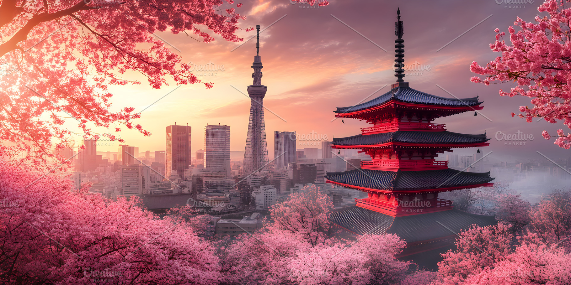 Tokyo skyline with cherry blossoms and pagoda at sunset, a Nature Photo by Photostock