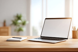 Modern laptop on a wooden desk in bright workspace, a Business Photo by AlyaAnd