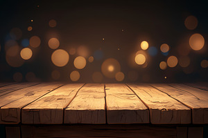 Wooden surface with glowing bokeh lights in a warm and rustic ambiance, a Photo by AS photostudio