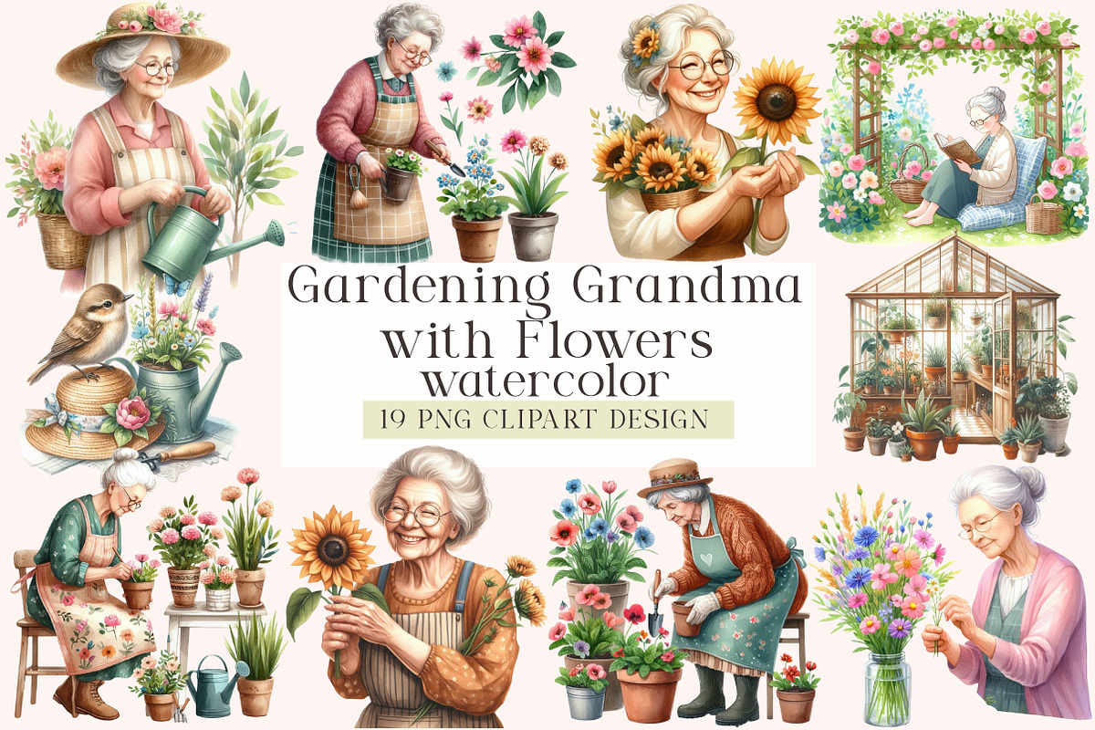 Gardening Grandma with Flowers, an Illustration by DreamArtGraphic (Photo 1 of 4)