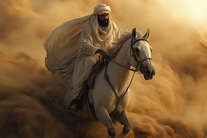 A arabic man in traditional attire rides a white horse through a cloud of dust,, a Person Photo by Textures & Backgrounds