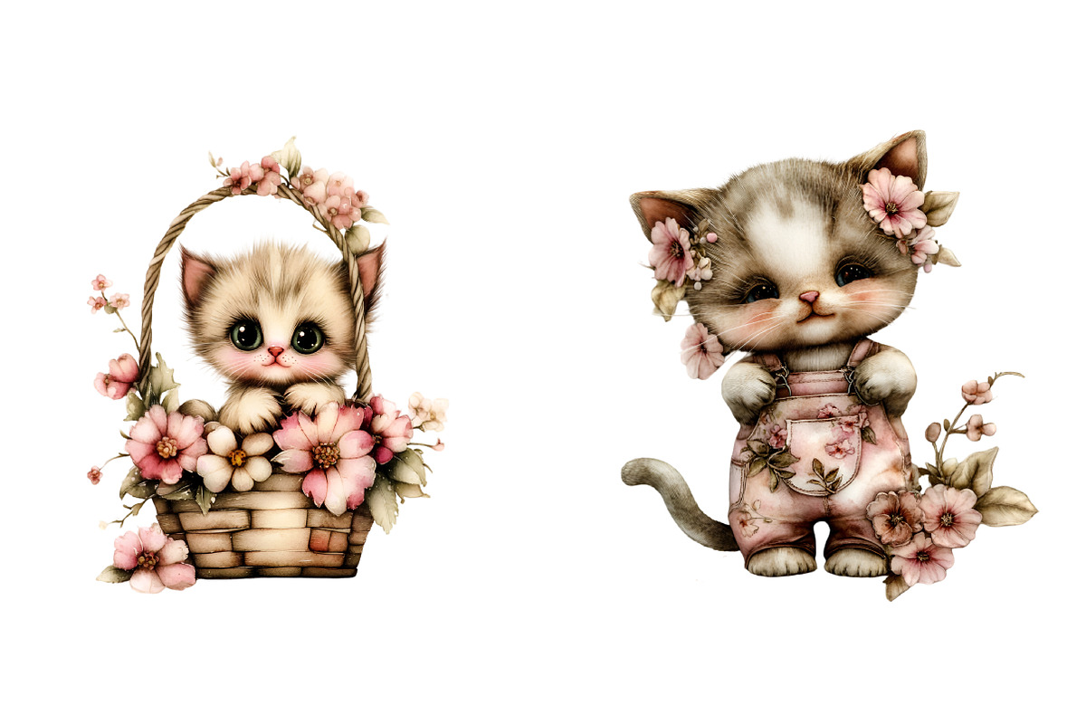 Whimsical Spring Cats Clipart, an Illustration by SinaCreation (Photo 4 of 11)