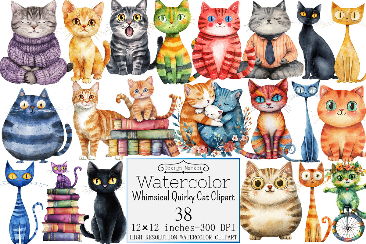 Whimsical Quirky Cat Clipart, a Seasonal Illustration by Design Market (Photo 1 of 4)