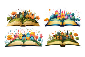 Open book with city inside cartoon, an Illustration by Onyx