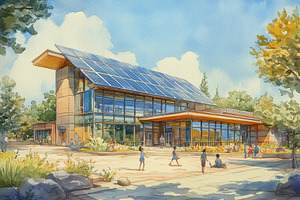 A modern eco-friendly building with solar panels on the roof, surrounded by tre, a Transportation Photo by Textures & Backgrounds