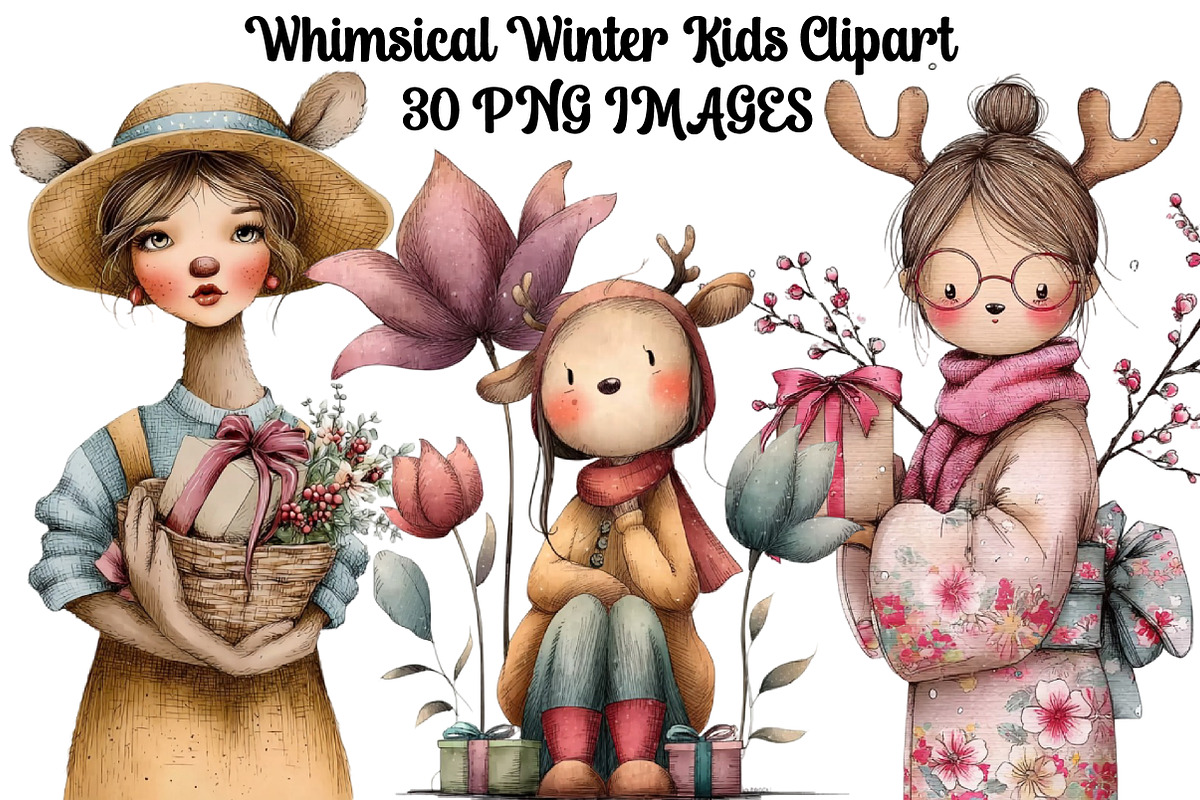 Whimsical Winter Kids Clipart, an Illustration by DreamArtGraphic (Photo 1 of 5)