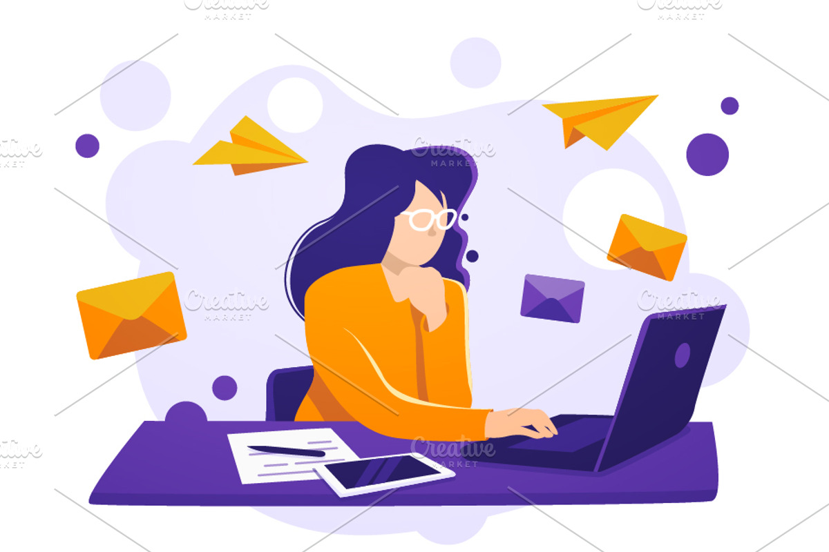 Business Women Sit On Laptop, a Person Illustration by Black White Mouse Design