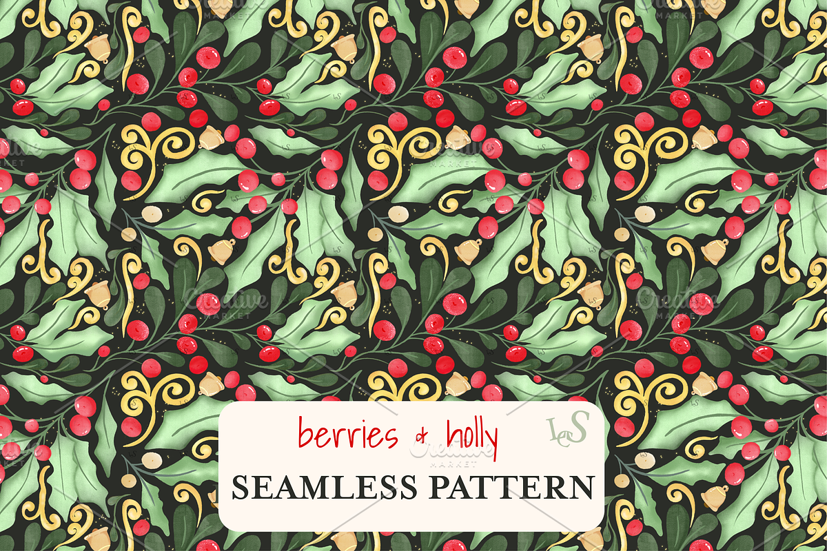 Holly, Berries & Bells Pattern, a Pattern Graphic by Little Creative Scribbles (Photo 1 of 5)