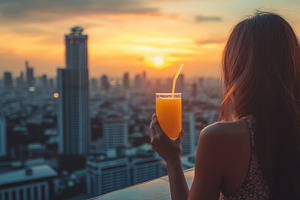 City sunset with a drink, a Photo by Beautiful things