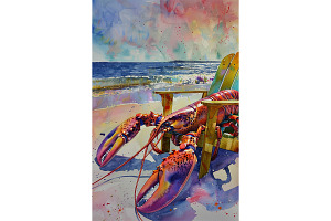 Lobster on Beach Chair Watercolor, an Animal Illustration by Art Paradise Studios