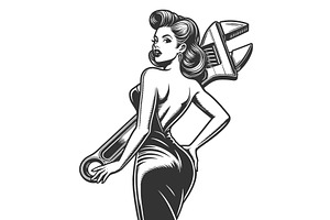 Pin-up woman holding giant wrench, an Illustration by AlexArt