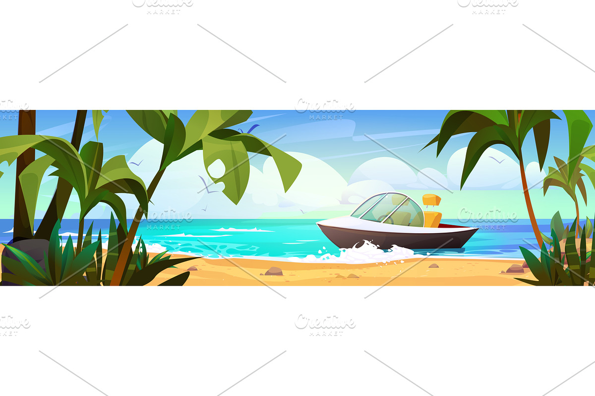 Speedboat floating on sea waves near, a Transportation Illustration by art PVP - market